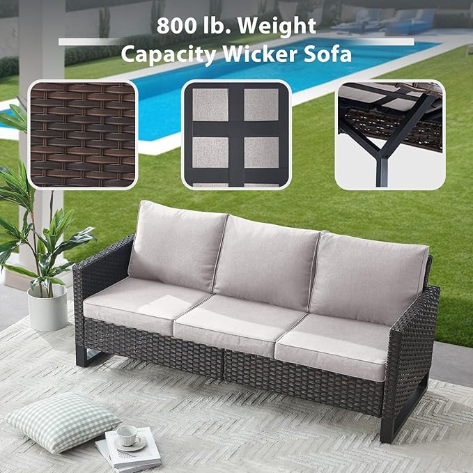 5 Piece Wicker Patio Furniture with Fire Pit Table - Outdoor Conversation Set with 50,000 BTU Fire Pit, All Weather Rattan Patio Set for Deck Backyard Garden - Brown Wicker Beige Cushion