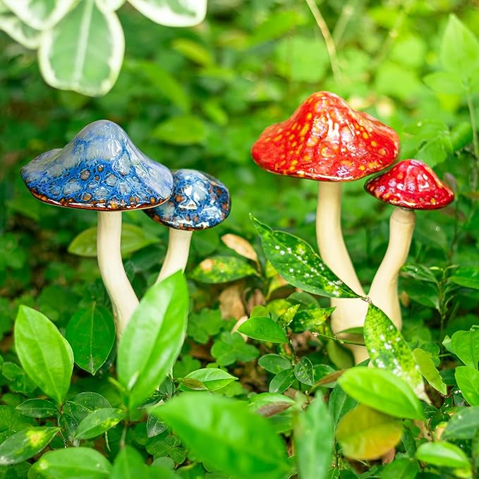 Mushroom Yard Decor - 2pcs Ceramic Mushroom Statue for Garden, Fairy Garden Stakes Ceramic Lawn Ornament Decor Plants Stake