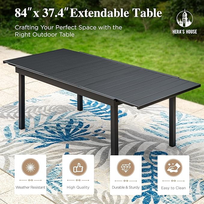 HERA'S HOUSE Outdoor Patio Dining Set of 7, 7 Piece Outdoor Table and Chairs Set of 1 Extendable Large Patio Table and 6 Quick Dry Textilene Swivel High Back Rocking Chairs for Lawn, Park, and Garden