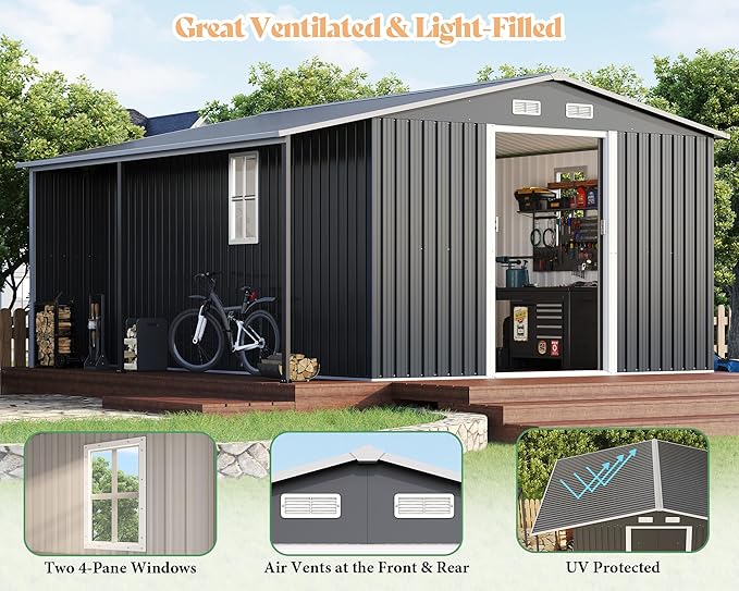 Jocisland 12x12x6.6 FT Galvanized Metal Storage Shed with Open Firewood Bay, Sliding Doors & Ramp, 2 Windows & Vents, Weather-Resistant Outdoor Tool/Garden Shed, Dark Grey/White