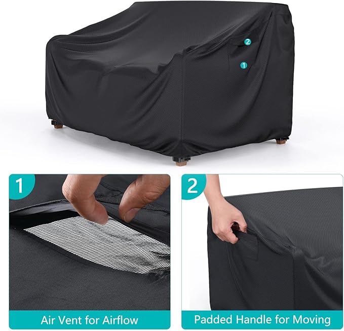 Patio Sofa Cover Waterproof, Heavy Duty 2-Seater Outdoor Couch Cover Patio Furniture Covers with Air Vent and Handles, 60" L×42" D×30" H, Black