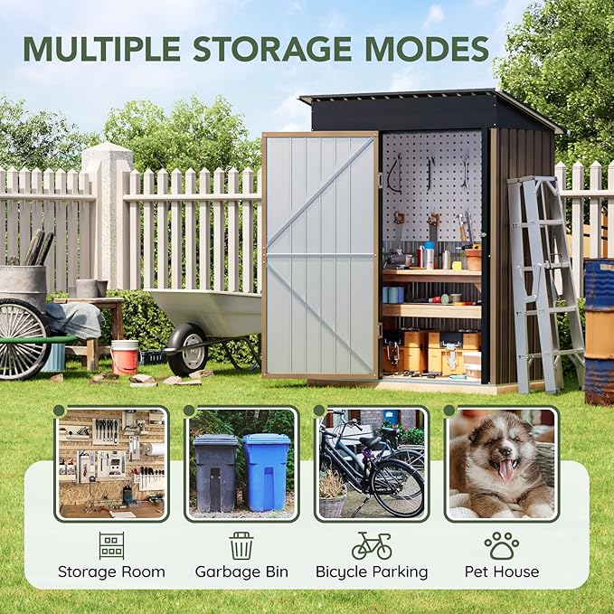 3x5 FT Outdoor Metal Storage Shed, Single Door, 1 Clear Window, Tool Shed for Garden, Patio, Backyard Brown