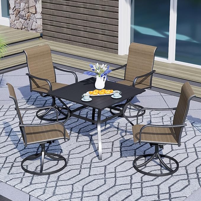5-Piece Outdoor Dining Set, 35'' Square Table with 4 Swivel Chairs, All Weather Frame Furniture Set - Brown Style2