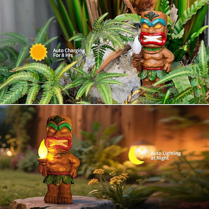 Solar Tiki Garden Statues Tiki Holding Torches with Flickering Flame LED Lights Bar Porch Lawn Yard Outdoor Decorations Christmas Thanksgiving Birthday Gardening Gift for Mom Women