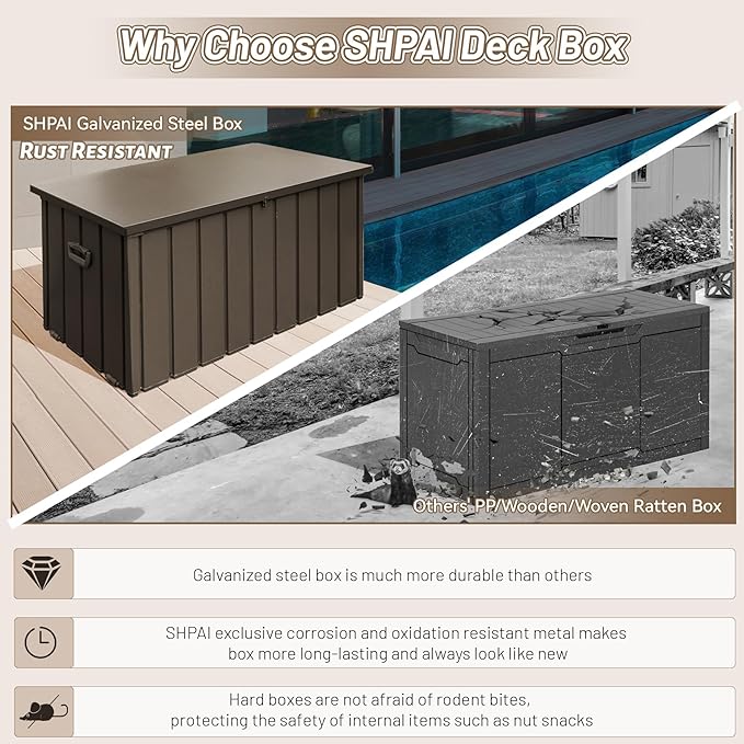 Outdoor Storage Box, 120 Gallon Metal Deck Box Waterproof, Outside Steel Storage Lockable Cabinet, Indoor Storage Bin Container for Patio/Poolside/Backyard Cushions, Pillow- Brown