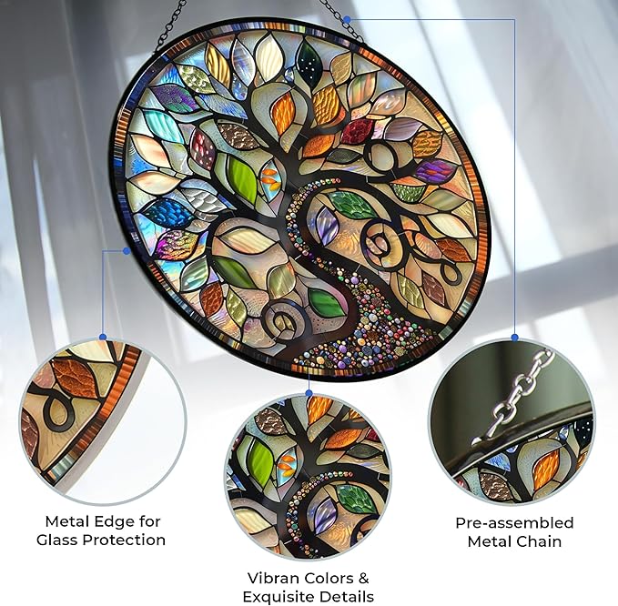 Bohemian Tree of Life Stained Glass Suncatcher 4 Season Colorful Window Wall Ornament Hand-Painted Glass Panel Decor Gift for Women Christmas Thanksgiving Gift 6.3"
