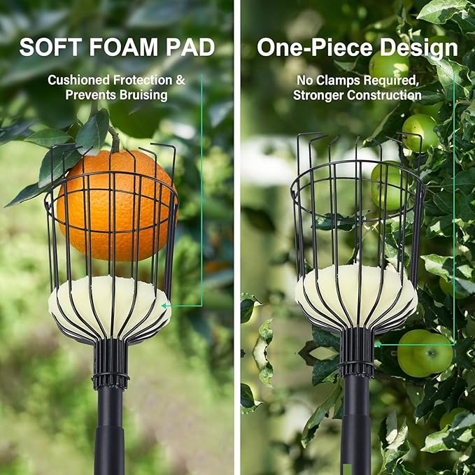Fruit Picker Pole with Basket - 10.7FT(329CM) Adjustable Tree Gardening Supplies with Stainless Steel Handle Apple Picker Fruit Grabber Reach Tool for Mango Pear Orange Avocados Fruit Picking, Black