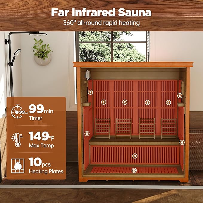 4 Person Far Infrared Sauna Indoor, Low EMF Wooden Sauna at Home with Bluetooth, Therapy Light, LCD Panel