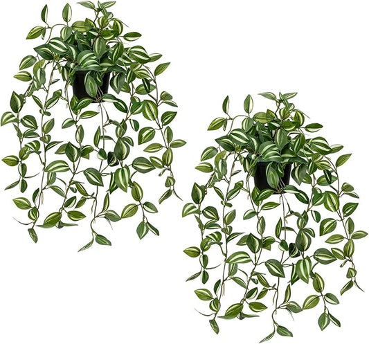 2 Pack Fake Hanging Plants for Shelf in Back Pot, Small Artificial Hanging Ivy Vine Plants Indoor Fake Potted Greenery Plant Decor Room Bathroom Wall End Table Mimi Faux Wandering Jew Plant Set