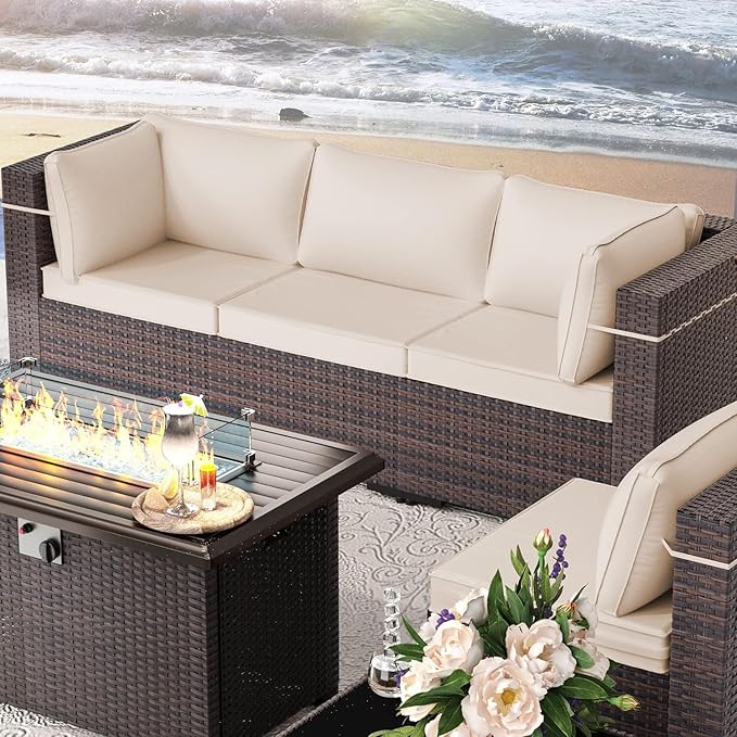 Outdoor Patio Furniture Set with Propane Fire Pit Table, 8 Pieces Outdoor Furniture Patio Sectional Sofa Conversation Set w/ETL Approved 43" Gas Outdoor Fire Table & Coffee Table Brown