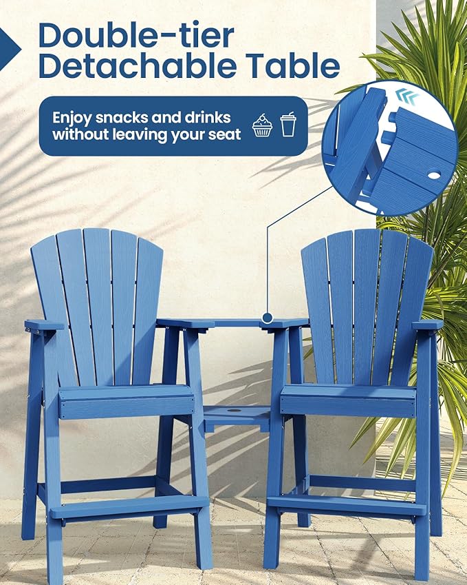 Ciokea Tall Adirondack Chairs Set of 2, HDPE Outdoor High Back Adirondack Chair with Double Connecting Tray, Weather Resistant Balcony Chairs for Deck, Lawn, Pool, Backyard, Navy Blue