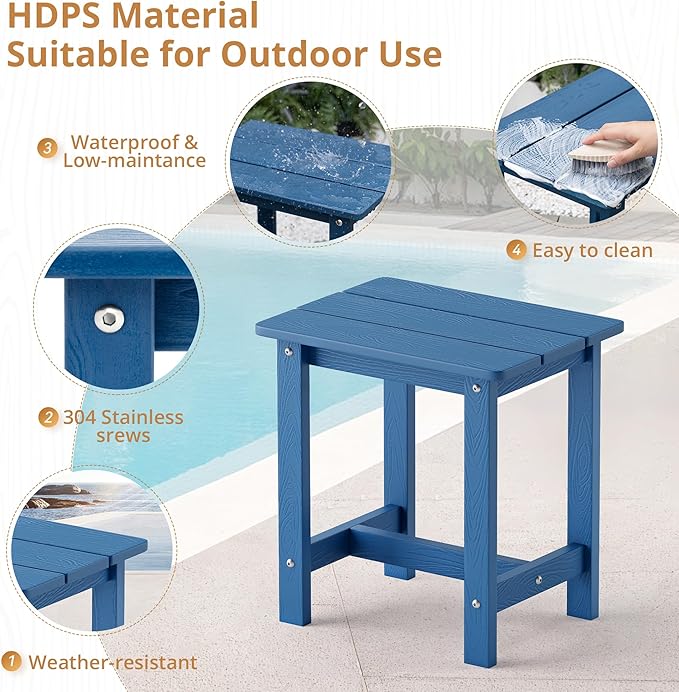 LUE BONA Outdoor Side Table, HDPS Small Outdoor Adirondack Side Tables, Outside End Table for Patio, Porch, Deck, Pool, Weather Resistant/Easy Maintenance, Navy Blue