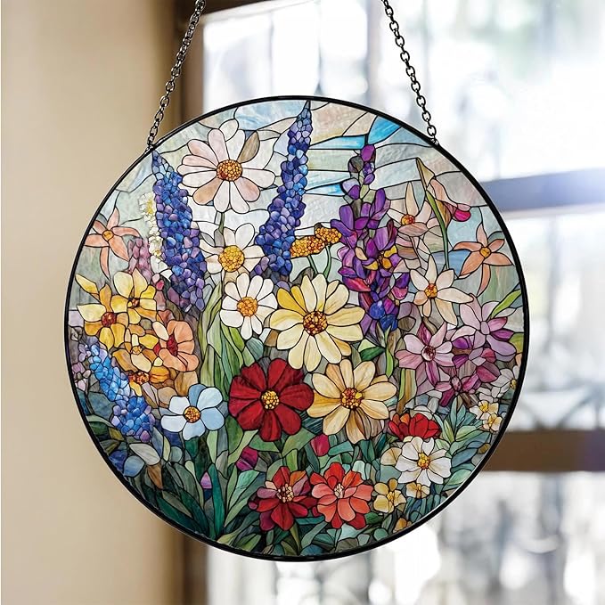 Colorful Wildflowers Suncatcher -7.9 in Stained Glass Window Hanging Sun Catcher Garden Decor