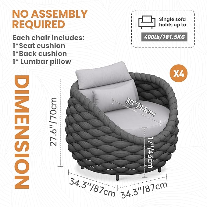 4 Pcs Woven Rope Outdoor Chair: Aluminum Patio Accent Chair with Arms - Assembled Cushioned Lounge Chair For 400lbs - Morden Porch Furniture Seating for Deck Balcony Garden Backyard Hotel Resort