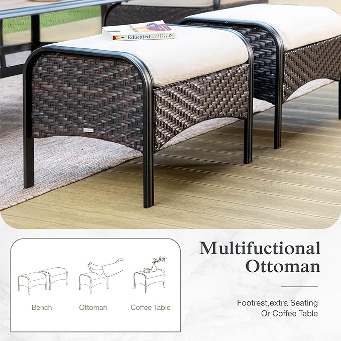 MFSTUDIO Outdoor Patio Furniture Set, 2 Piece Rattan Wicker Outdoor Ottoman, Metal Patio Ottoman for Garden Backyard