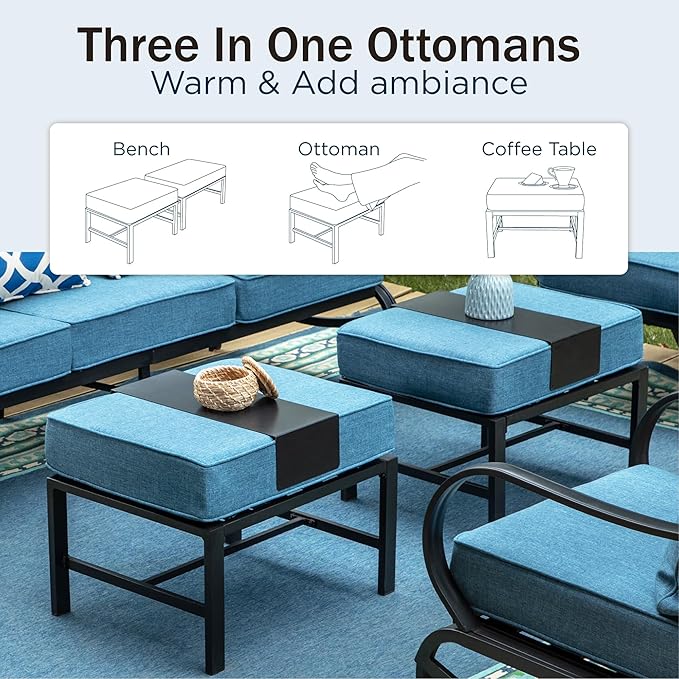 PHI VILLA 5 PCS Patio Furniture Set,Metal Deluxe Patio Set with 1 x 3 Seater Deep Seating Bench, 2 x Swivel Sofa Chairs & 2 x Metal Cushioned Ottoman, Outdoor Patio Set for Garden, Navy Blue