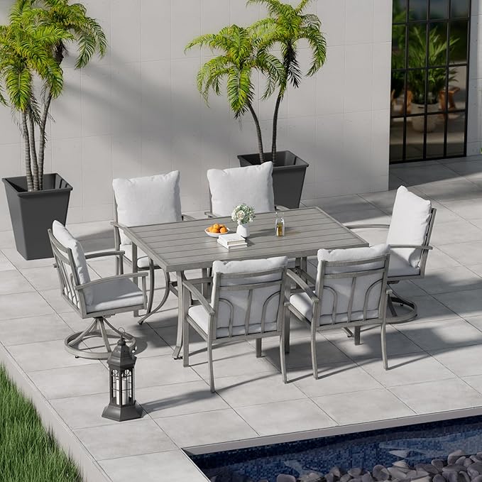 HAPPATIO 7-Piece Outdoor Dining Set - All Aluminum Patio Dining Set for 6 Includes 1 Rectangular Table, 4 Dining Chairs, and 2 Swivel Chairs with Cushions for Lawn, Garden