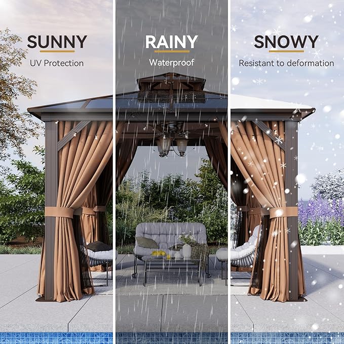 Aoxun 10'x10' Hardtop Gazebo, Aluminum Frame Permanent Pavilion with Netting and Curtains, Outdoor Polycarbonate Double Roof Canopy, Designed for Lawn, Garden, Patio (Khaki)