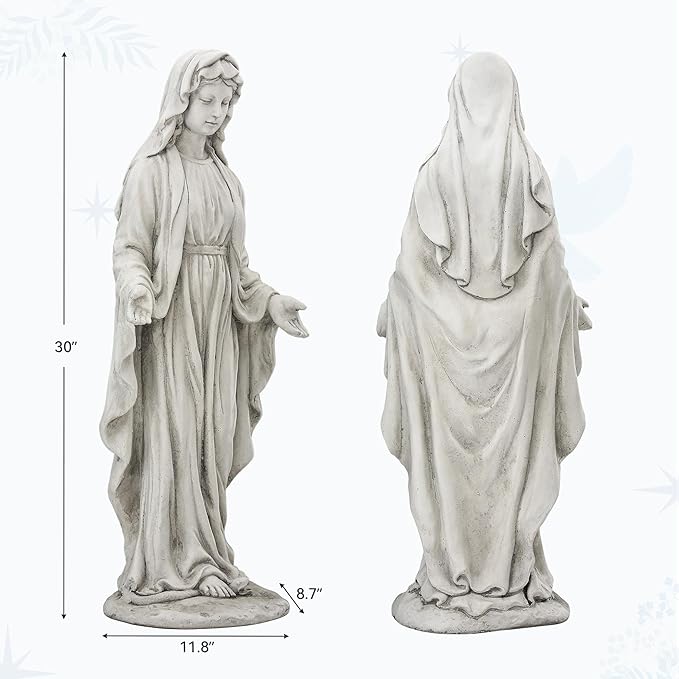 Virgin Mary Statue for Outdoor, Large 30 Inch Garden Sculpture Made of Durable Magnesium Oxide Stone, Religious Lawn Art for Yard,Patio, Finish for Peaceful Blessings Antique White