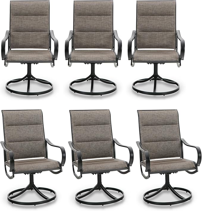 PHI VILLA Outdoor Swivel Patio Dining Chairs Set of 6, All Weather Patio Chair with Padded Textilene & Metal Frame for Outdoor Poolside Lawn Garden, Brown