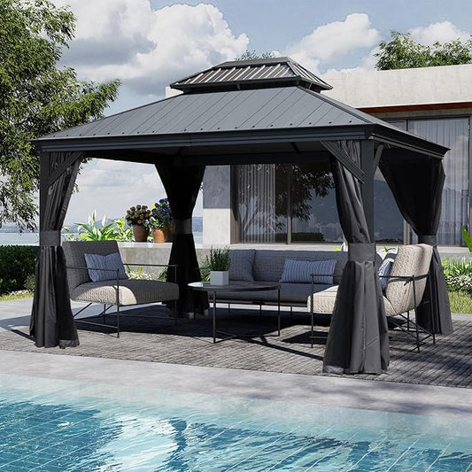 Domi 10’x12’ Hardtop Gazebo with Gutters, Outdoor Patio Gazebo Canopy with Resin & Metal Roof, Heavy Duty Permanent Pavilion for Backyard, Deck, Hot Tub, Curtains and Mosquito Netting Included