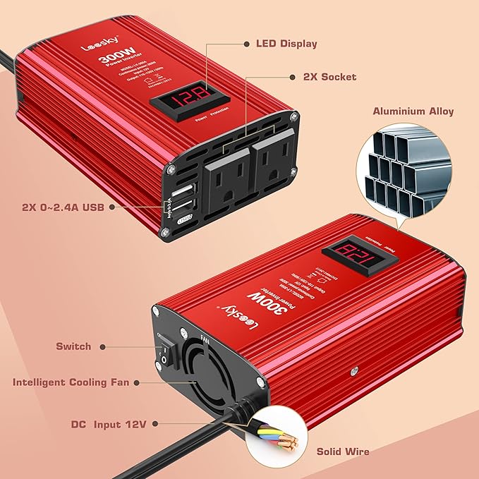 300W Car Power Inverter 12V DC to 110V AC Car Converter Adapter with LCD Display for Car Battery Status Monitor and Smart Fan Dual 4.8A USB Ports 2 AC Outlets LEESKY