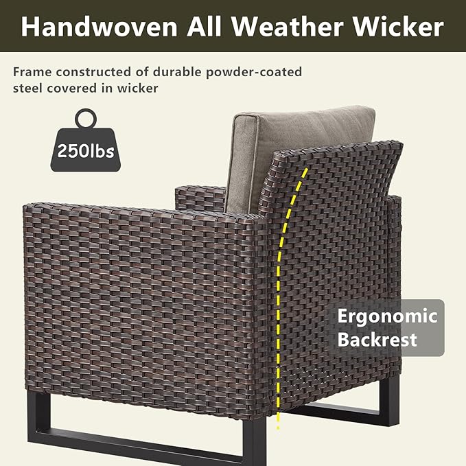 Rilyson Wicker Outdoor Patio Furniture Set - 6 Piece Patio Conversation Set with 2 Armrest Chairs,2 Rattan Ottoman,1 Couch and 1 Metal Side Table for Outside Porch Deck Backyard(Brown/Grey)