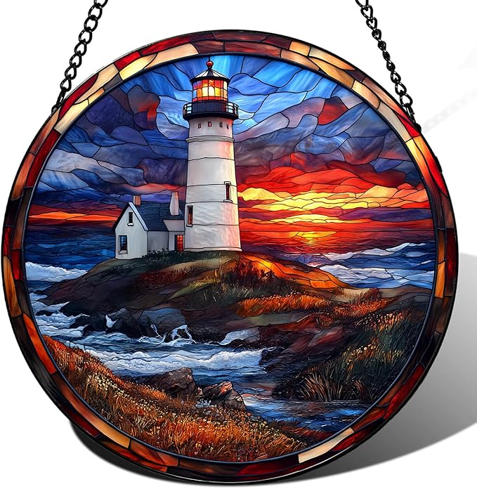 Coastal Lighthouse in Autumn Suncatcher -7.9 in Stained Glass Window Hanging Sun Catcher Garden Decor