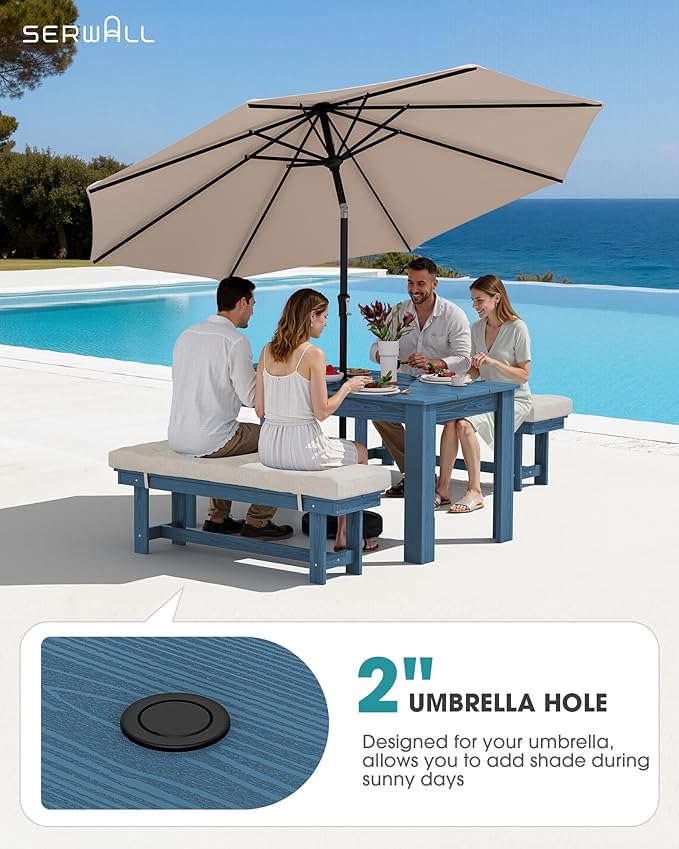 SERWALL Patio Dining Set for 4, Outdoor Dining Sets for 4 Person with 1 Umbrella Hole Cut-Out Rectangular Table and and 2 Benches, HDPE Dining Sets for Garden, Backyard, Poolside, Blue