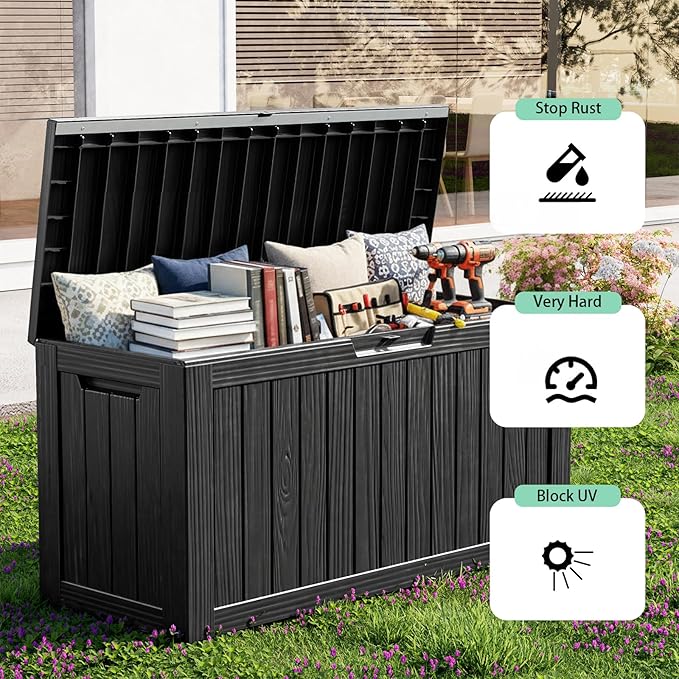 EasyUp 80 Gallon Resin Deck Box Storage Outdoor Waterproof Boxes Lockable UV Resistant Container for Patio Furniture Cushions Pool Supplies Garden Tool, Equipment Outside Storage Delivery