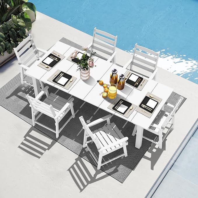 LOUNZY 7 Pieces Patio Dining Sets, 75.2'' Table Outdoor HDPE Furniture Set w/ 2" Hole Cut-Out Dining Table with 6 Patio Chairs for Lawn, Pool and Yard,White