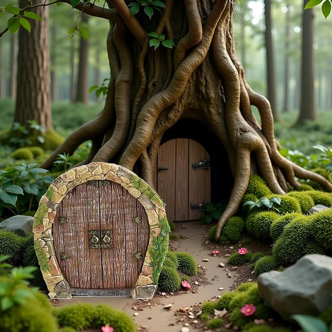 Brown Mini Fairy Garden Door for Tree, 3D Miniature Fairy Door, Bonsai Terrarium Micro Landscape Decoration Accessories, Garden Miniatures