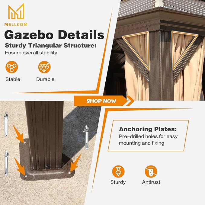 MELLCOM 14' x 20' Hardtop Gazebo,Galvanized Steel Metal Double Roof with Curtain and Netting,Brown Permanent Pavilion Gazebos with Aluminum Frame for Patios,Gardens,Lawns