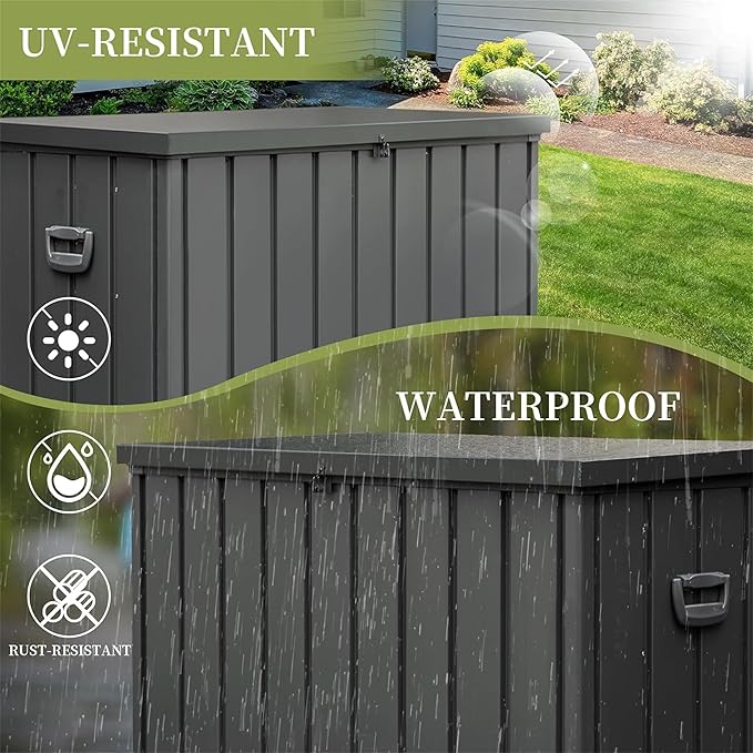 JOSHEN 200 Gallon Outdoor Storage Deck Box with Lockable and Mobile Roller,Large Steel Container Bin with Waterproof and UV Resistant for Garden,Patio,Dark Gray