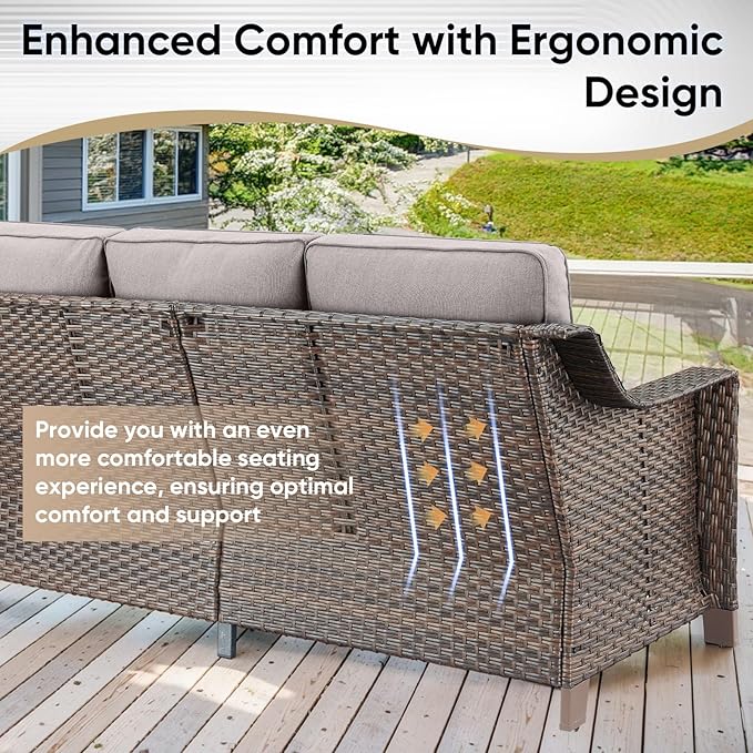 5 Pieces Wicker Patio Furniture Set-Outdoor High Back Sofa with Rattan Wicker Chairs Outdoor Furniture for Porch Garden Backyard Poolside-Brown/Grey