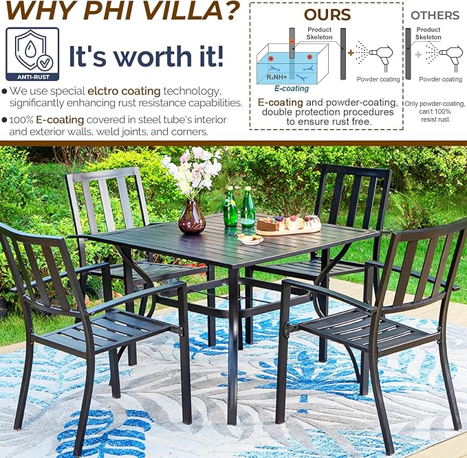 PHI VILLA 5 Piece Outdoor Dining Set with 10ft Umbrella, 37" Square Metal Dining Table & 4 Stacking Metal Chair with 3 Tier Navy Umbrella for Patio, Deck, Yard, Porch
