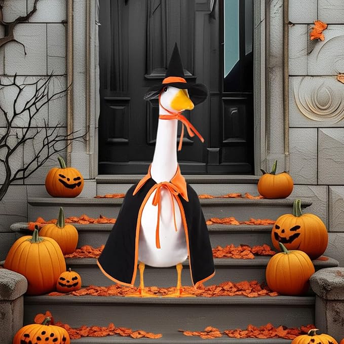 Halloween Porch Goose Outfit Set for 23'' Plastic Statue Lawn Porch Goose Clothes with Cloak Hat Costume for Indoor Outdoor Patio Yard Lawn Art Decor(Orange)