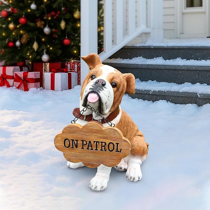 English Bulldog Statue Outdoor Decorations – Outdoor Dog Statue Fawn English Bulldog with Replaceable Solar Light & Welcome Sign for Porch Décor