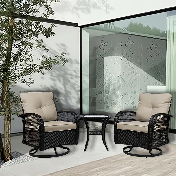 Patio Furniture Set Swivel Rocker, Outdoor Patio Chairs, 3 Piece Suit Porch Furniture Rocking Set, Backyard and Garden Rocker Rattan Chair, with Thickened Cushions and Glass Coffee Table(Brown)