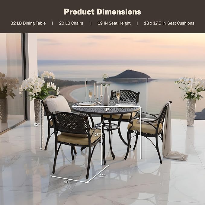 Kinger Home 5-Piece Cast Aluminum Outdoor Dining Furniture Set for 4, Round Patio Table and Chairs for 4 with Cushions, Outdoor Furniture Set with Umbrella Hole, All-Weather Patio Dining Set