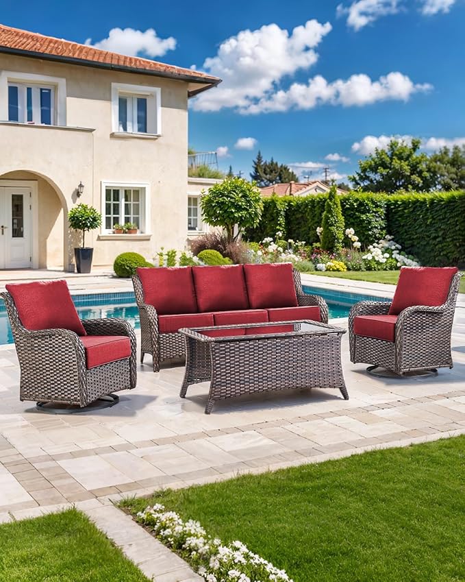 Luxury 22x24/22x25 6-Inch Outdoor Seat Cushions - Set of 2 Water Resistant Patio Chair Replacement Cushion for Porch Rattan Dining Rocker Glider Chairs Loveseat Couch Sectional Sofa - Red
