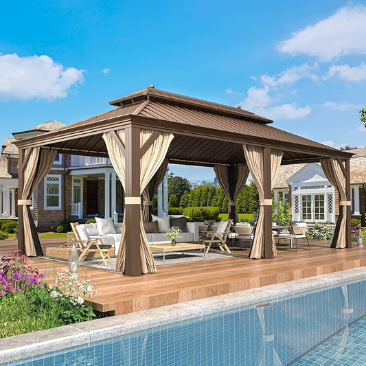 EROMMY 12' x 20' Gazebo Hardtop Double Roof Galvanized Steel Canopy with Netting and Curtains Outdoor Aluminum Frame Permanent Metal Pavilion for Patio Backyard Deck and Lawns