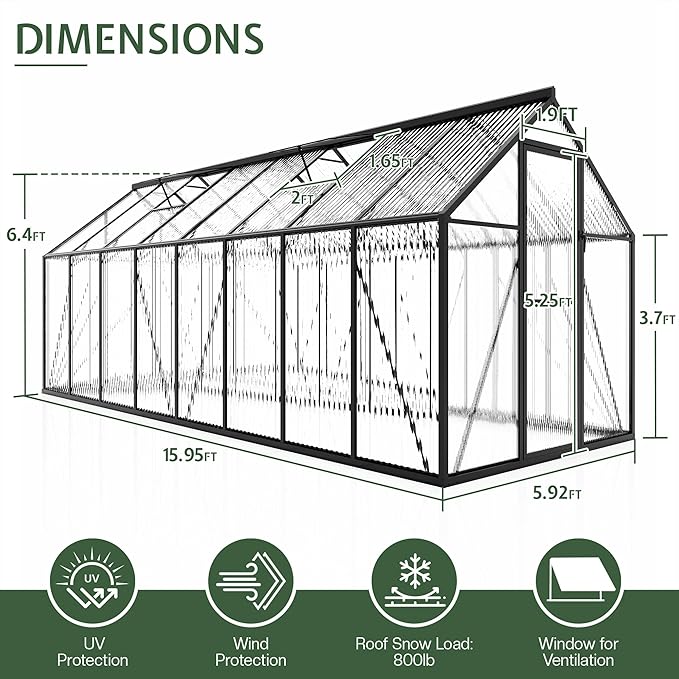 Jocisland 6x16Ft Polycarbonate Greenhouses for Outdoors, 2 Top-Opening Windows, Swing Doors, Aluminum Walk-in Heavy Duty for Outdoor Use, Backyard Garden, Black