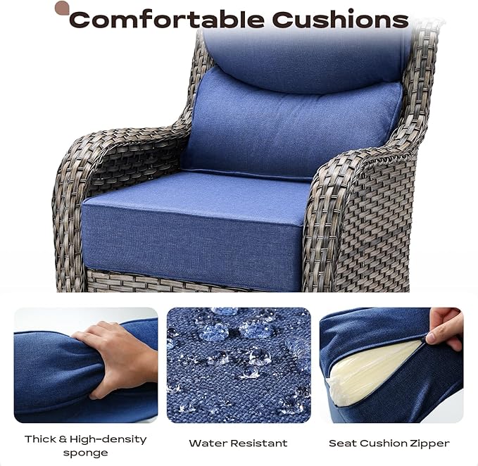Rilyson Outdoor Patio Swivel Rocker Chairs Set of 2, Waterproof Wicker, High Back, Deep Seating, Wide Armrest, Upgraded 6 inch Thick Cushions, Ideal for Deck Porch Backyard, Mixed Grey/Blue