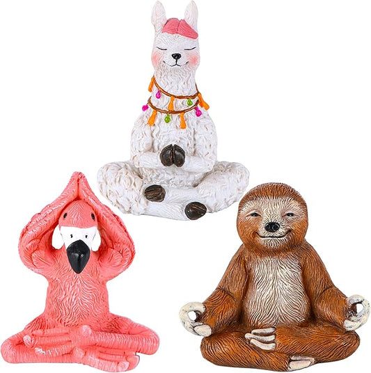 Mood Lab Miniature Yoga Figurines Set - Funny Mini Statue Kit of 3 pcs - Flamingo, Lama & Sloth in Meditation Pose - Fairy Garden Decor
