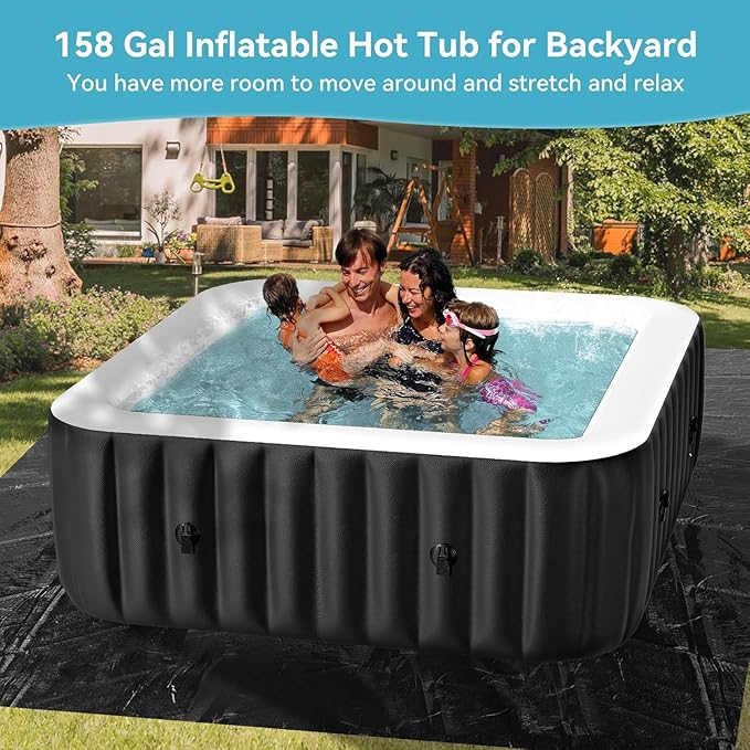 2-4 Person Inflatable Hot Tub, Large Square Portable Blow up Hot Tub, Leak-Proof PVC Outdoor Spa with 120 Air Jets, Insulated Cover and Heater Pump, 60” X 60” X 25”