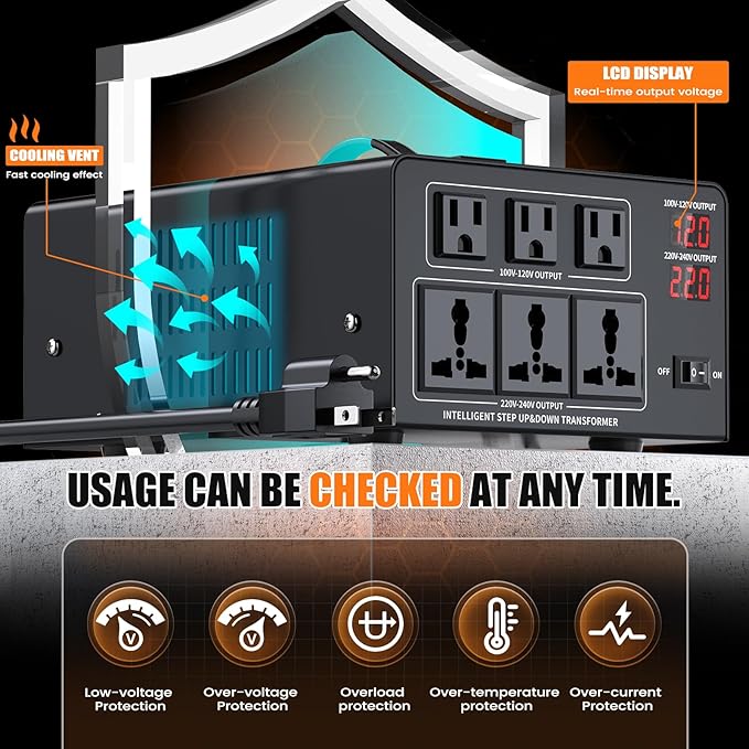 6000W Voltage Converter Transformer Step Up 110V/120V to220V/240V or Step Down 220V to 110V AC Power Converte, Circuit Breaker Protection, 3 US sockets, 3 Universal sockets, LCD Display