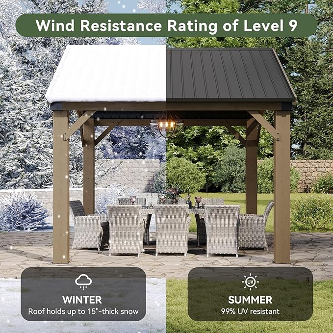 Aoxun 10' x 12' Outdoor Wood Gazebo, Hardtop Gazebo Permanent Wooden Pavilion with Galvanized Steel Gable Roof, for Patio, Garden, Backyard, Cedar Wood