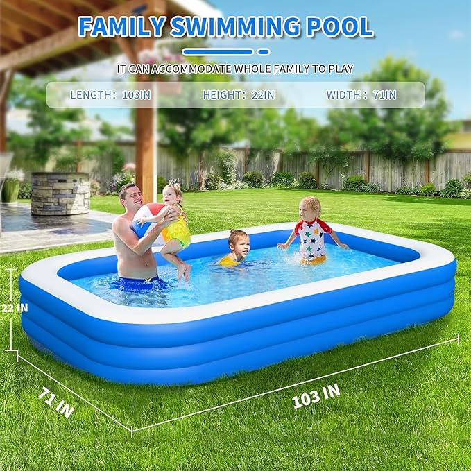 Inflatable Swimming Pool, Blow up Pools, Above Ground Swimming Pool for Family, 103 x 69 x 24 inch Full-Sized Inflatable Pool for Kids for Outdoors, Backyard