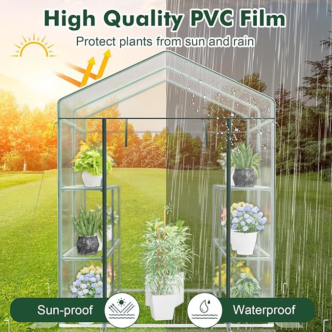 Happygrill Walk-in Greenhouse, Winter Hot House w/4 Tiers, 8 Shelves, Roll-up Zippered Door, Waterproof PVC Film, Portable Greenhouses for Outdoors for Potted Plants, Fruits, Vegetables, Flowers
